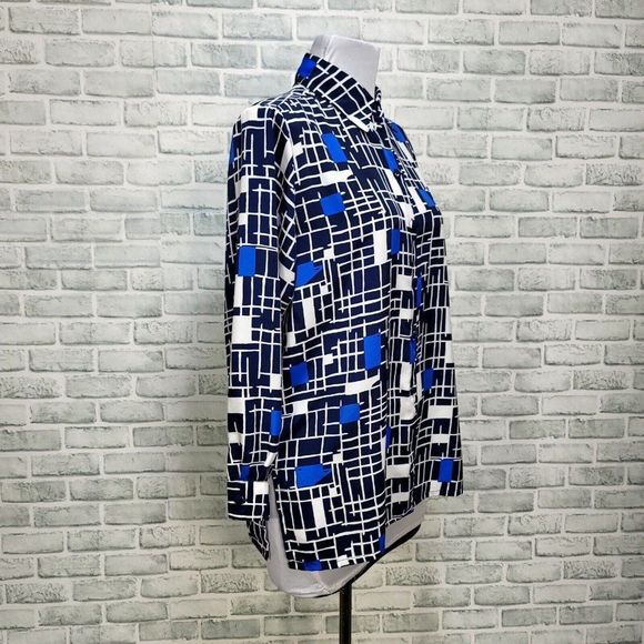 Vintage 90s Liz Baker Womens M Black Blue Abstract Geo Button Front Blouse L/S - Picture 3 of 6